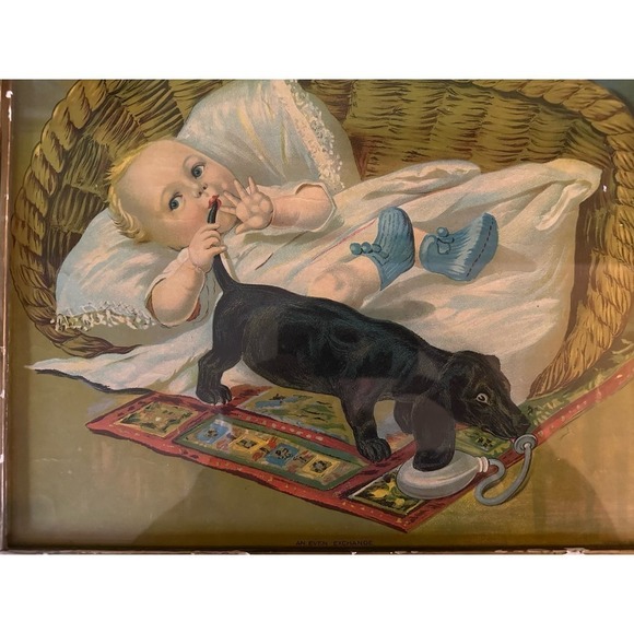 Framed lithograph 1911 baby and dog An Even Exchange - Picture 6 of 12